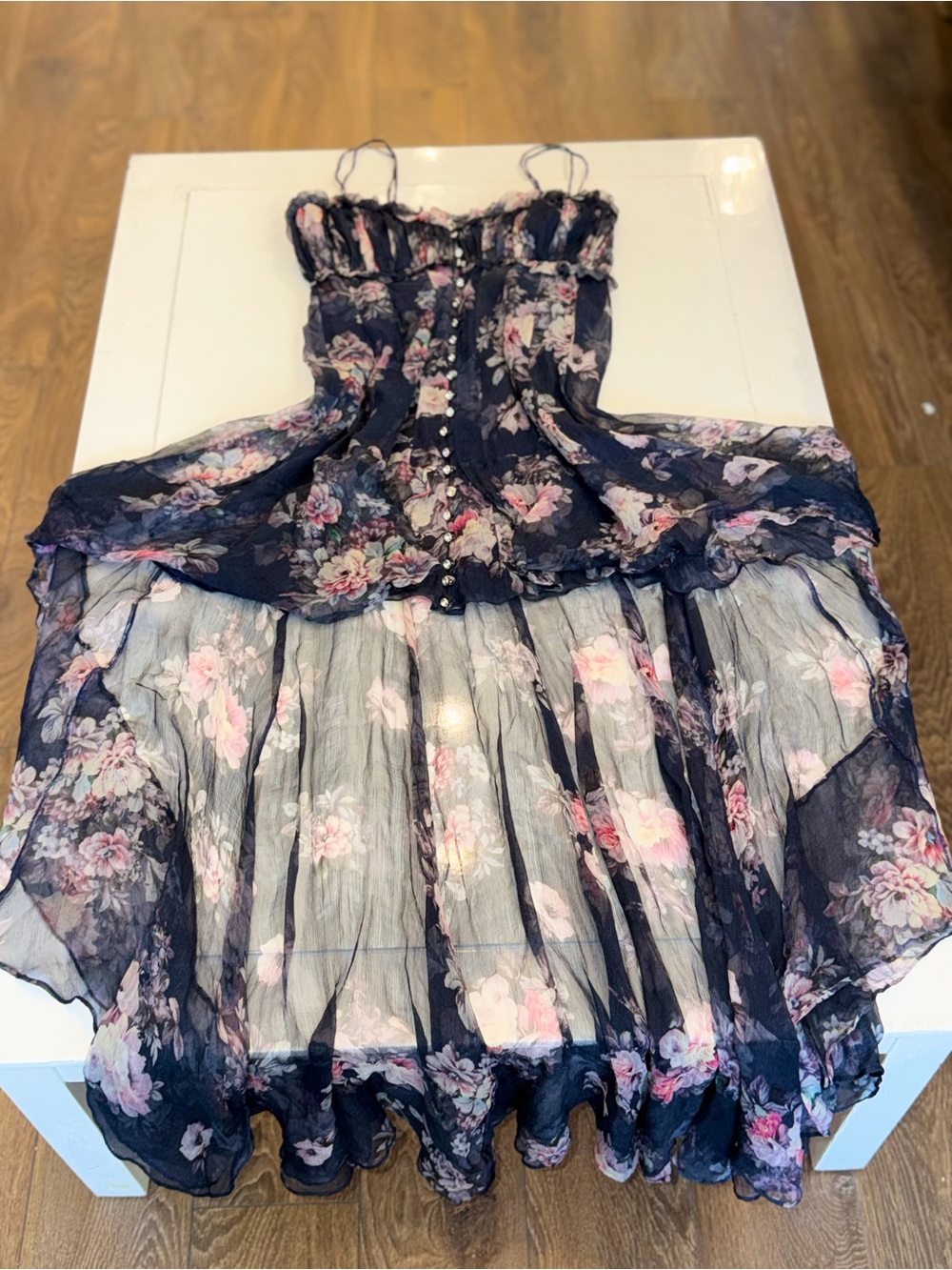 Philipp Plein Navy Floral Ruffled Spaghetti-Strap Dress
